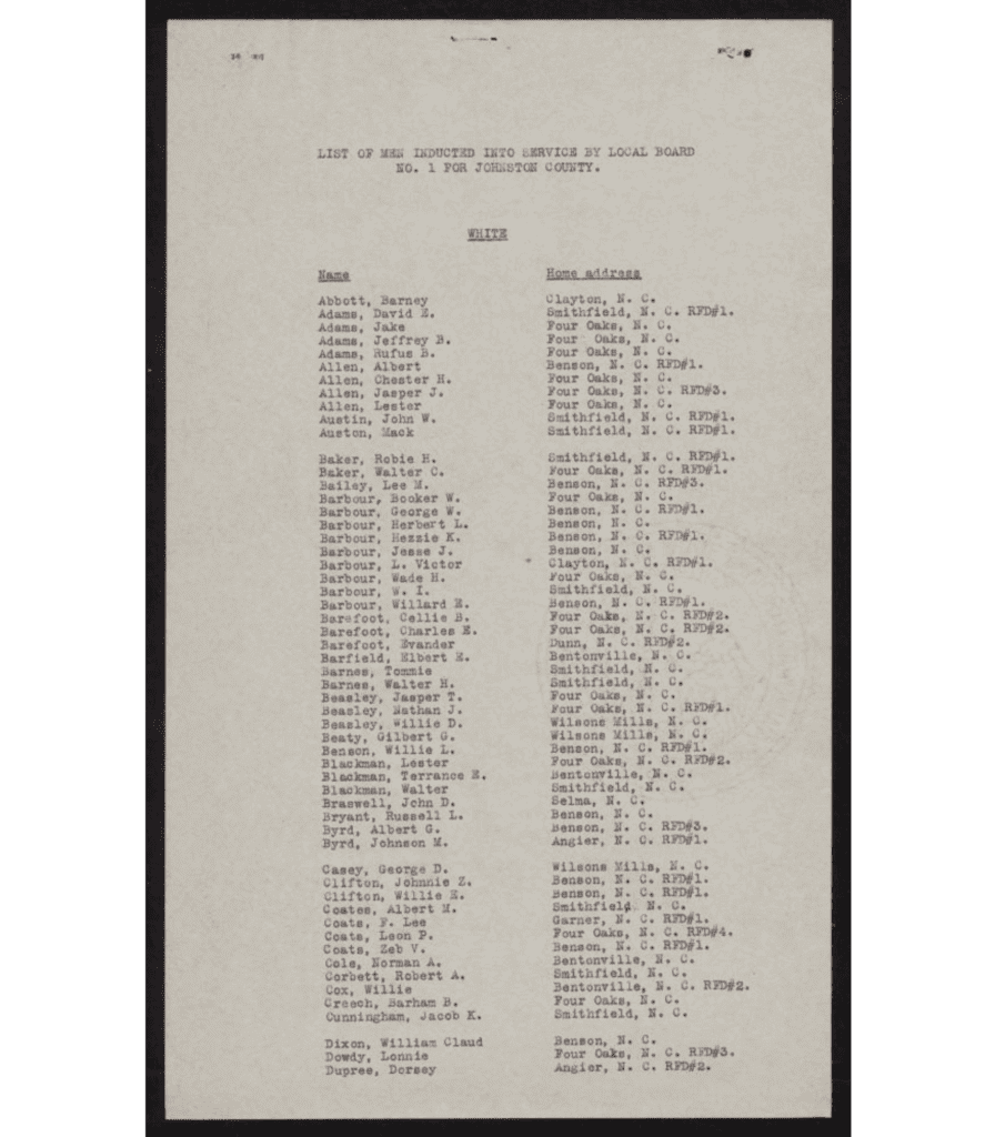 Johnston County North Carolina WWI Local Draft Board List