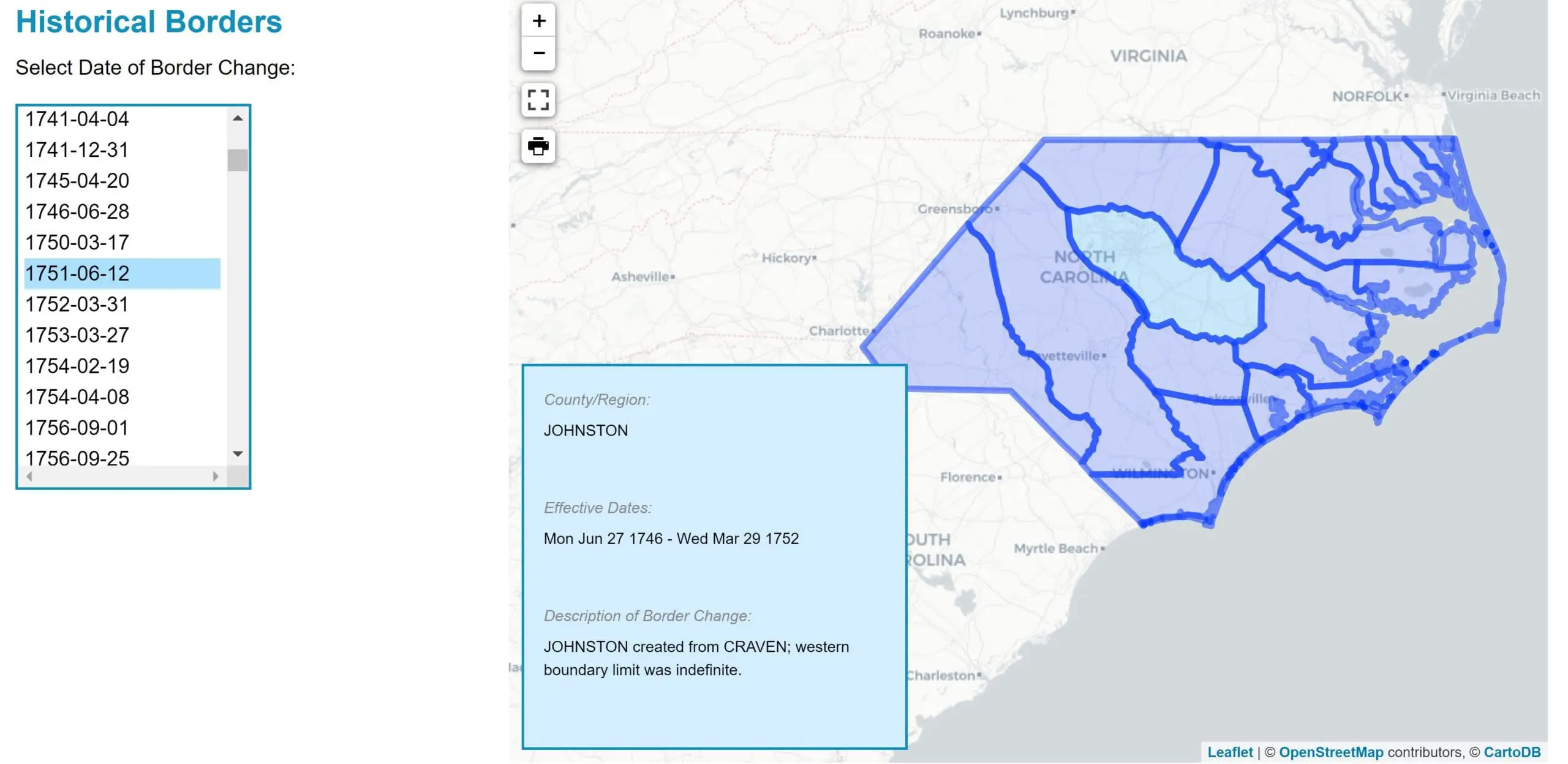 Screenshot of the Newberry Atlas map of North Carolina featuring county boundaries that existed on June 12, 1751.