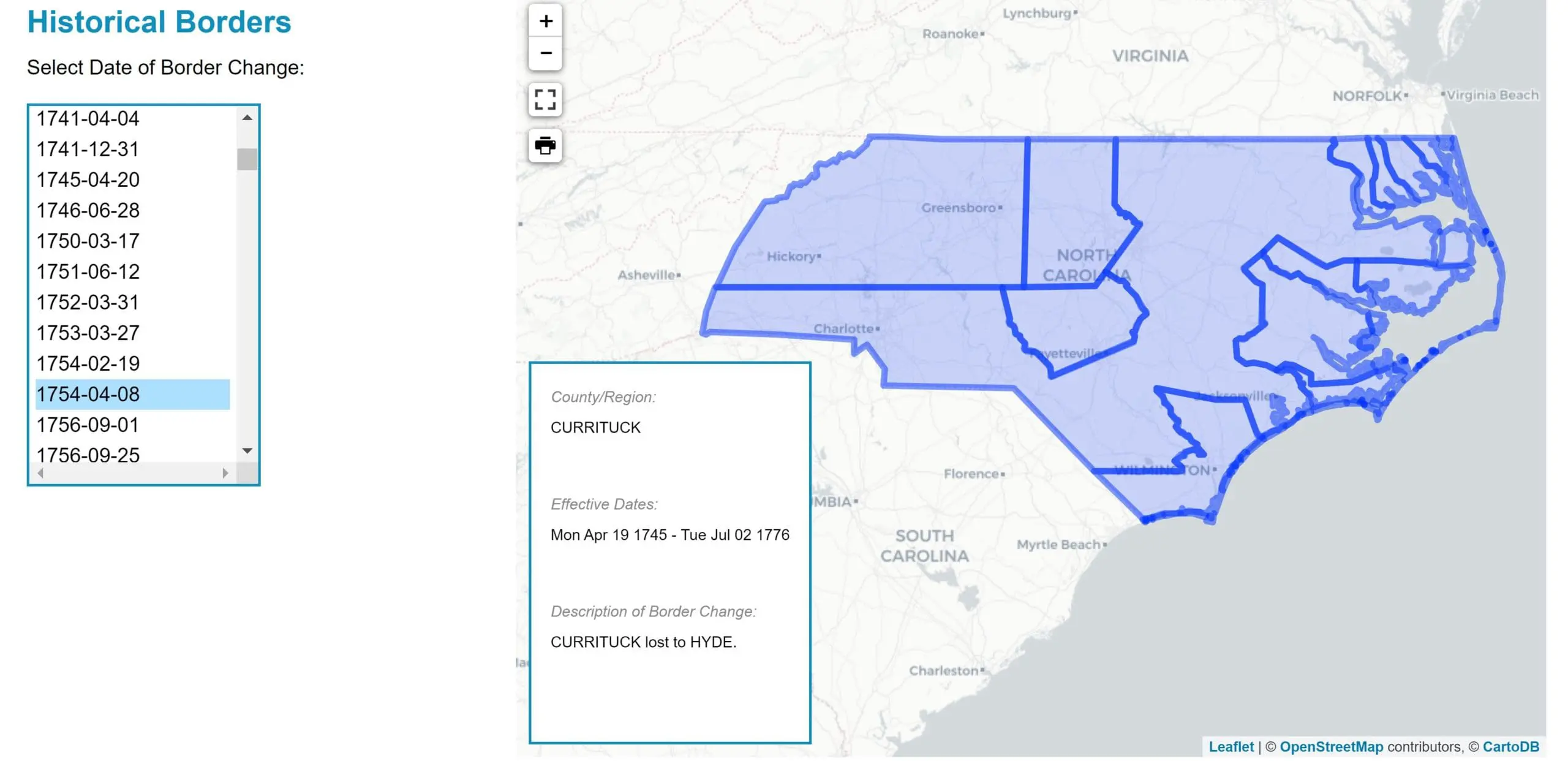 Screenshot of the Newberry Atlas map of North Carolina featuring county boundaries that existed on April 8, 1754