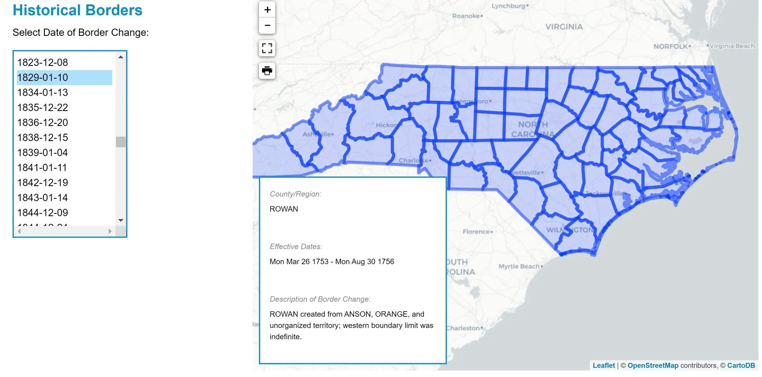 Screenshot of the Newberry Atlas map of North Carolina featuring county boundaries that existed on January 10, 1829
