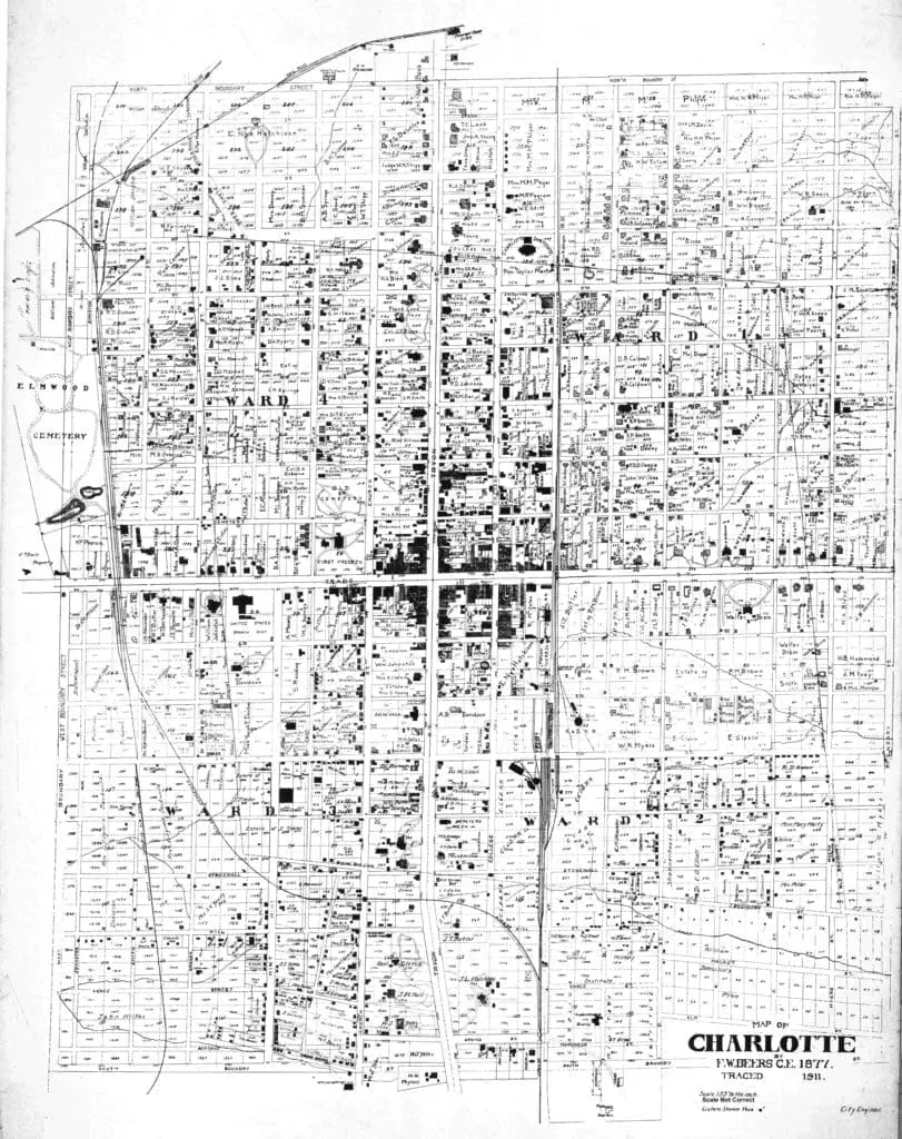 Includes names and businesses and residents or property owners; shows Wards 1-4. Located at Public Library of Charlotte Mecklenburg, North Carolina Room