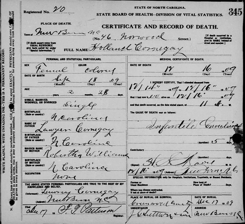 North Carolina Death Certificate from 1909