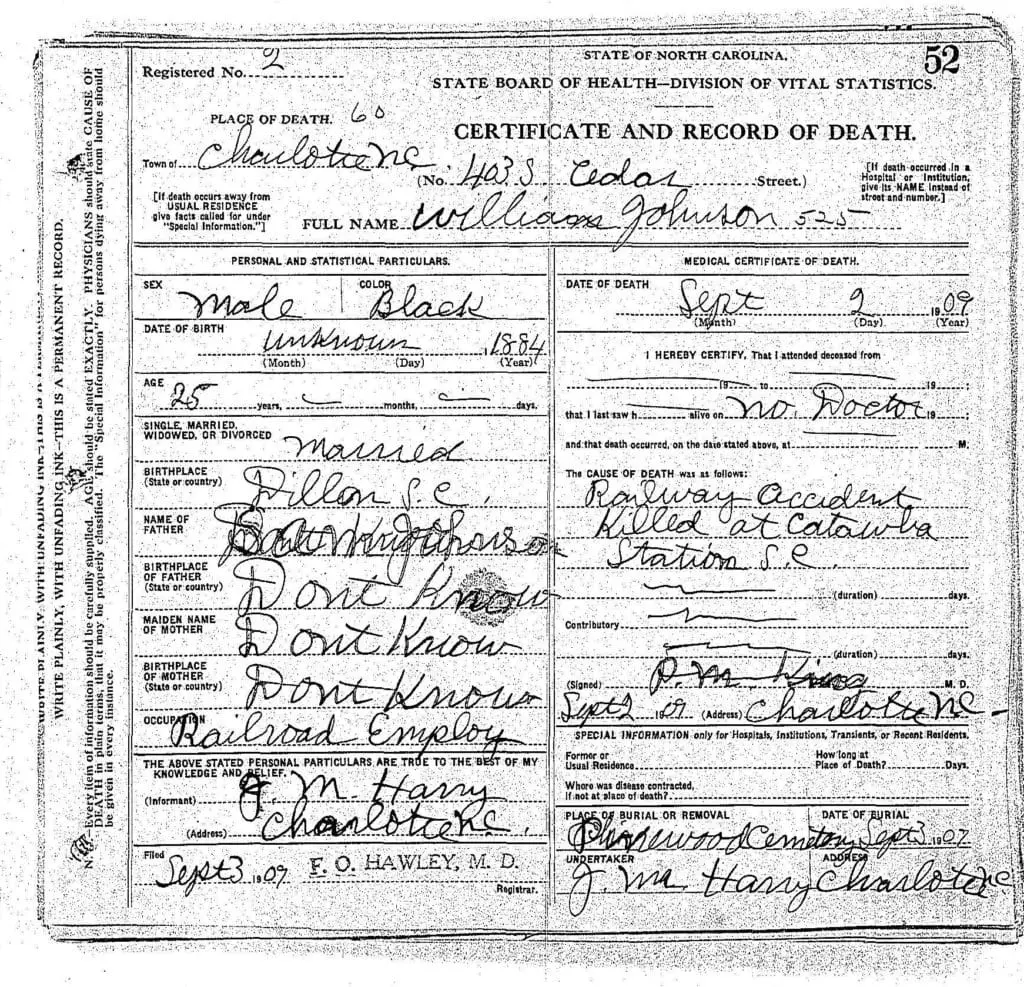 North Carolina Death Certificate from 1909