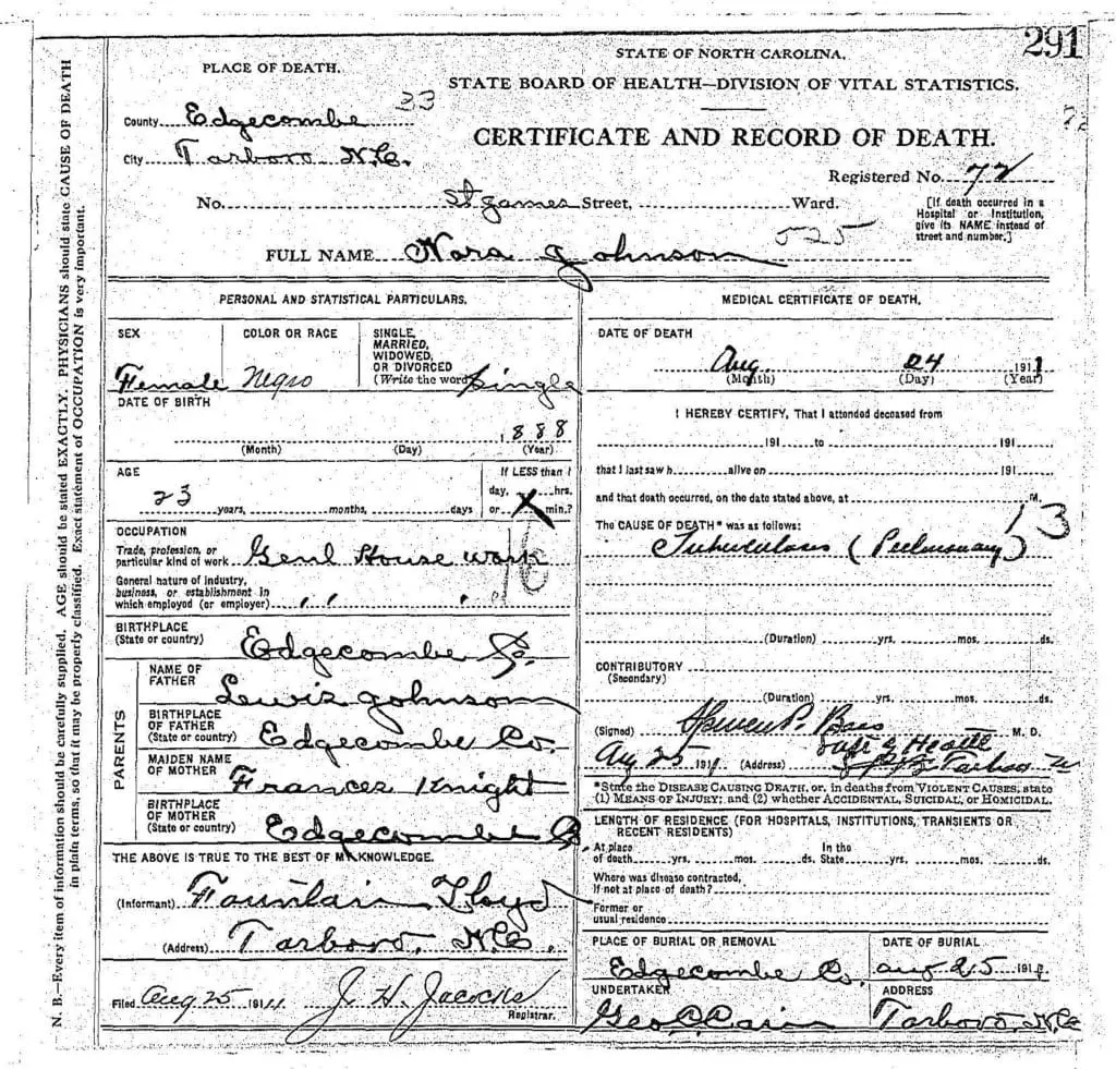 North Carolina Death Certificate from 1909