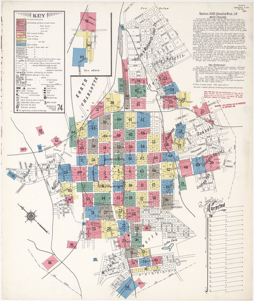 This is a 1911 Sanborn Fire Insurance Map of Charlotte, NC. The map depicts buildings, coded by color to represent their material composition, and labeled according to their use. A street index and key are given on the key page.