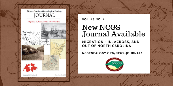 This is an image of the journal cover which includes pictures of a wagon train, ships, and maps. The text says, "New NCGS Journal Available: Migration, In, Across, and out of North Carolina.
