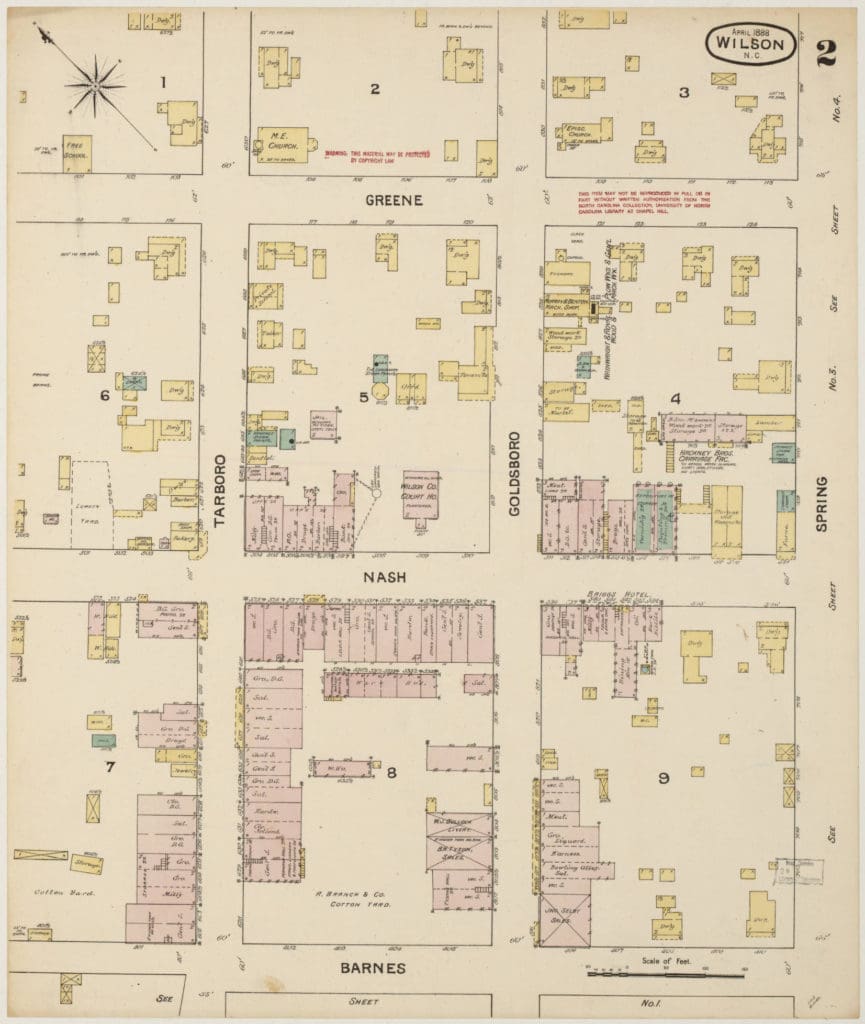 This is a 1888 Sanborn Fire Insurance Map of Wilson, North Carolina.The map depicts buildings, coded by color to represent their material composition, and labeled according to their use. A street index and key are given on the key page.