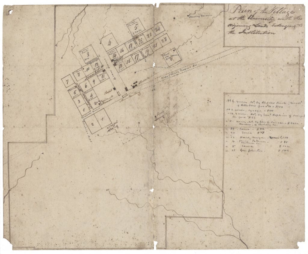 Hand-drawn map of UNC-CH and the adjoining property in the town of Chapel Hill. The map shows the path of several roads still in existence, including Cameron Avenue, Franklin Street, Rosemary Street, Pittsboro Street and Hillsborough Street. The map is annotated with the names of the owners of town lots and the prices they paid for their properties.